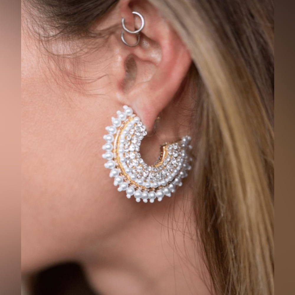 Mignonne Gavigan Pearl and Crystal Fiona Hoop Earrings Statement CZ
